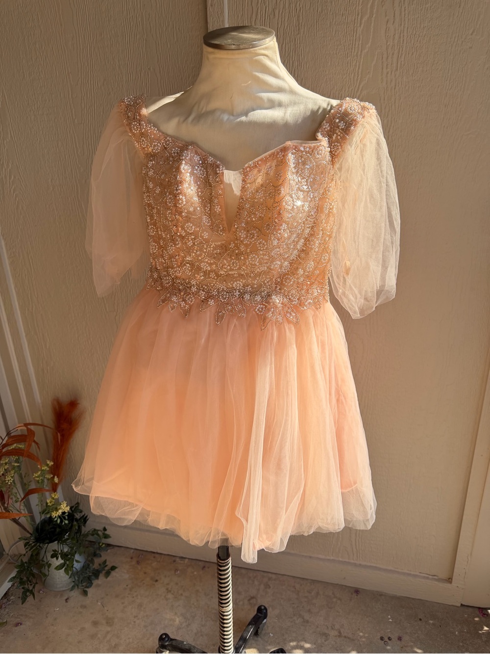 Girls Peach Sequin Tulle Party Dress